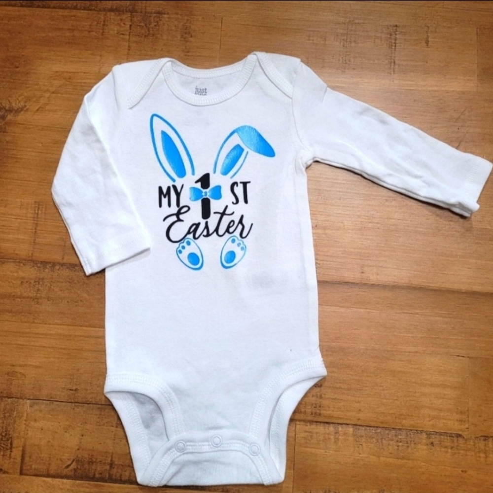 White 'My 1st Easter' Long-Sleeve Baby One-Piece with Blue Accent